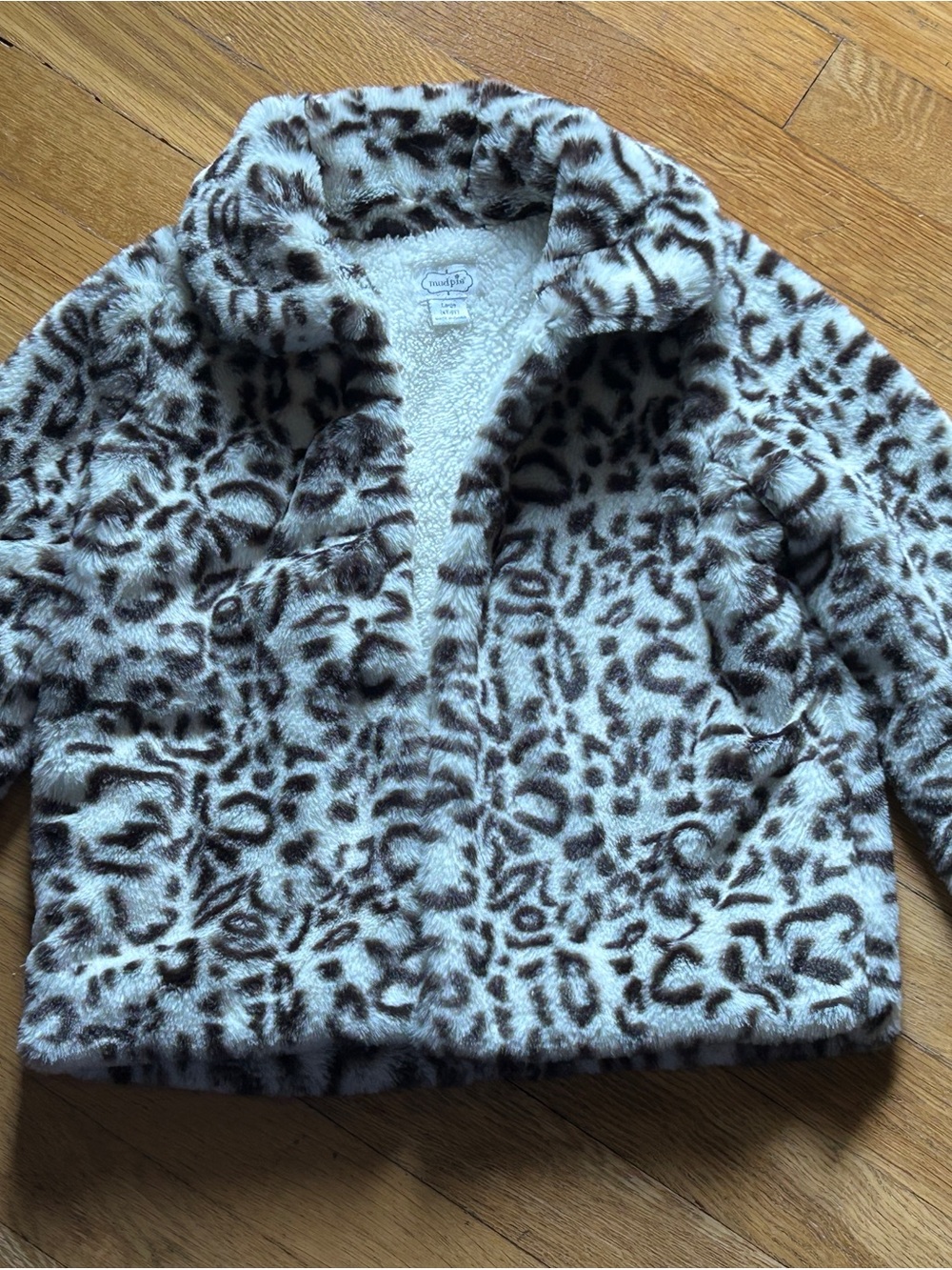 Mud Pie Girls' Faux Fur Leopard Pea Coat in White & Brown
